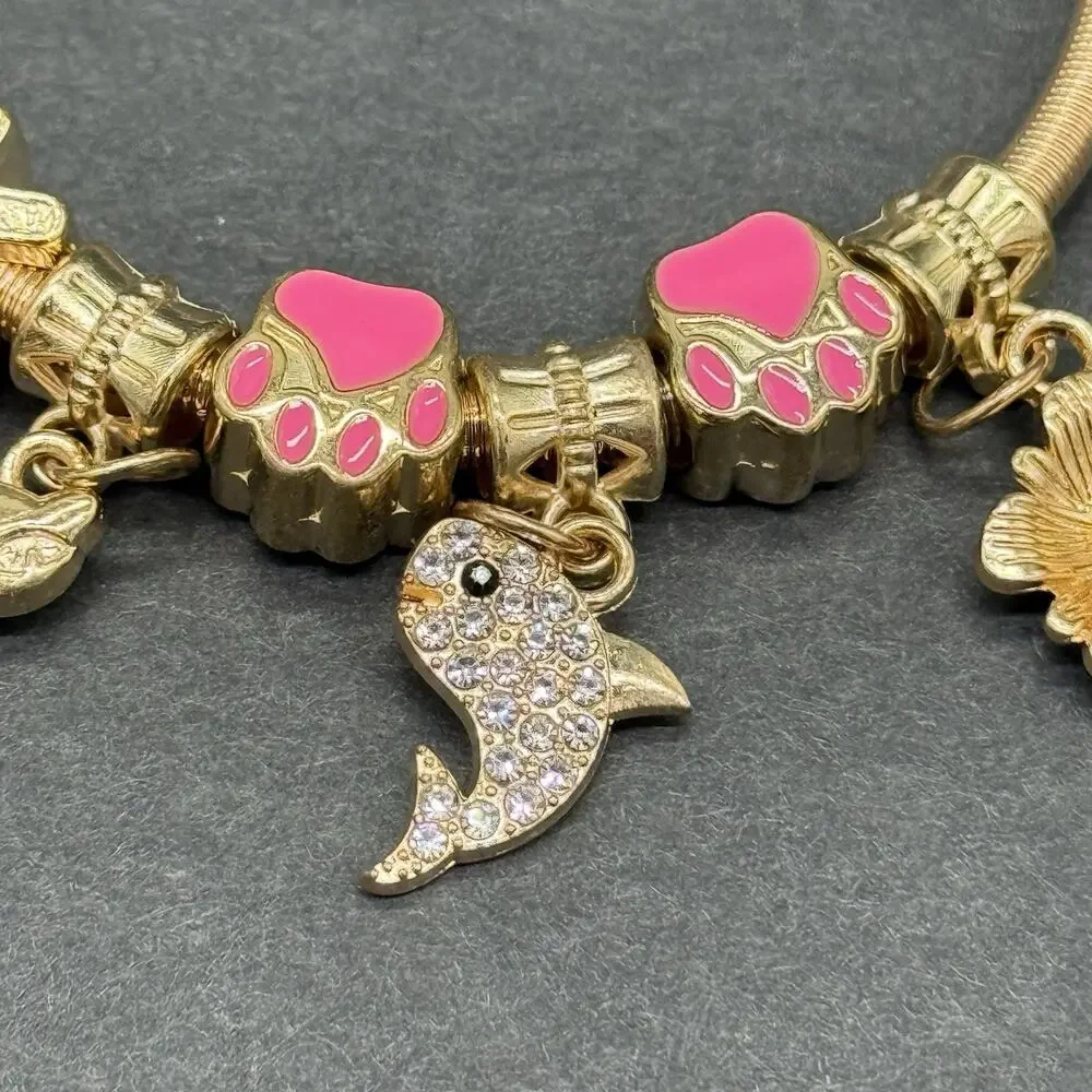 Gold Tone Watch Charm Bracelet Set 3 Pc Rhinestone Pink Dial Pear Cut Crystal